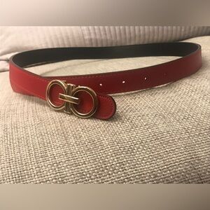Elegant Red Leather Belt with Gold Buckle